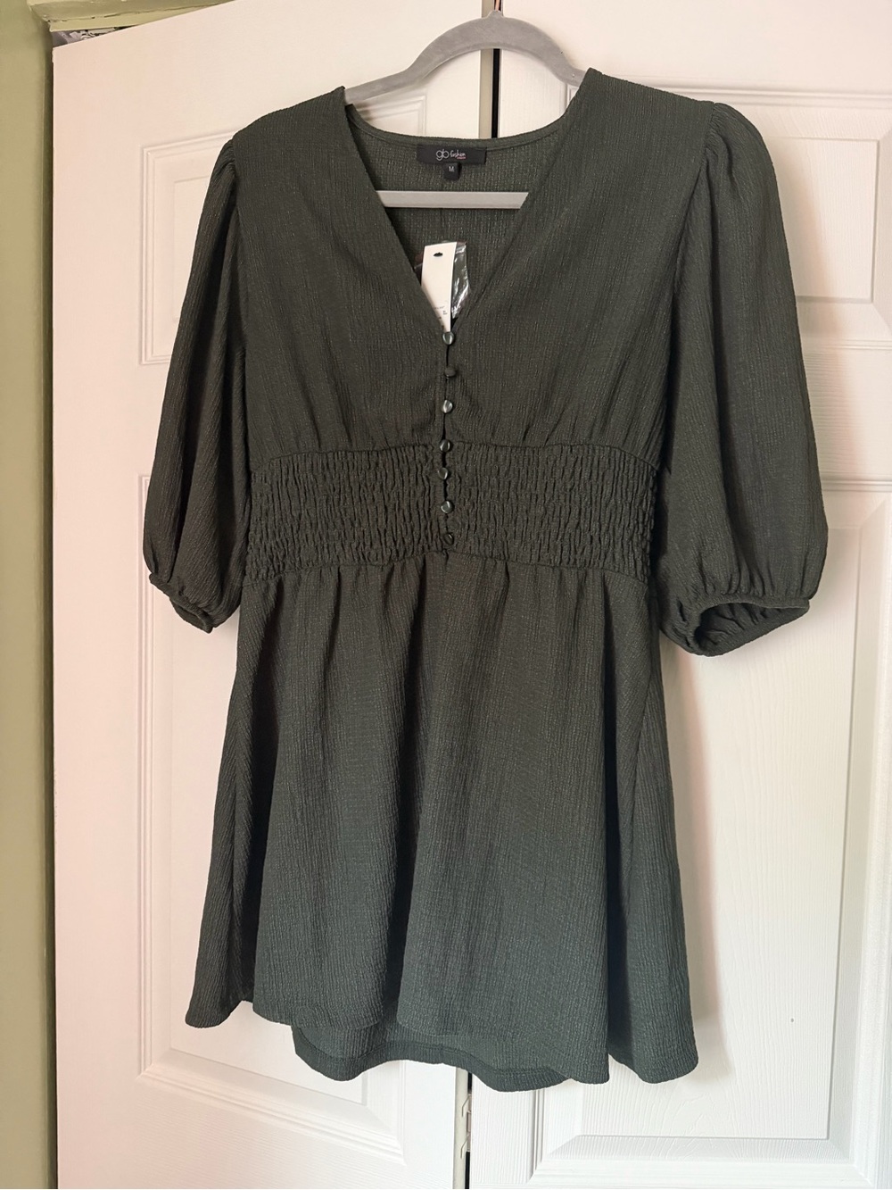 Olivia Moon Olive Green Smocked Waist V-Neck Mini dress